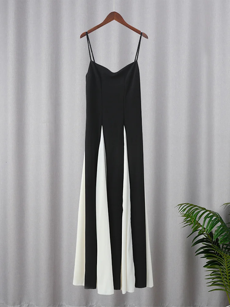 Elegant Black White Contrasting Women Sling Dress Fashion Backless Sleeveless High Waist Maxi Dresses Female Party Aline Robes 241112