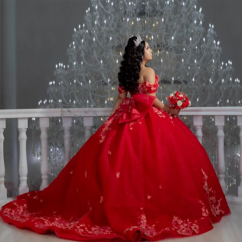 Red Quinceanera Dress Off The Shoulder Lace Applique Beading Tull Mexican Sweet 16 Birthday Party Dress Vestidos De XV 15 Anos