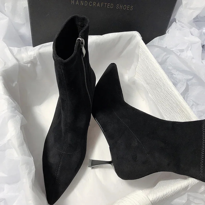 Pointed Toe Women Sock Short Boots Fashion Side Zippers Slim Ankle Booties Thin High Heel Autumn Winter Ladies Shoes 241114
