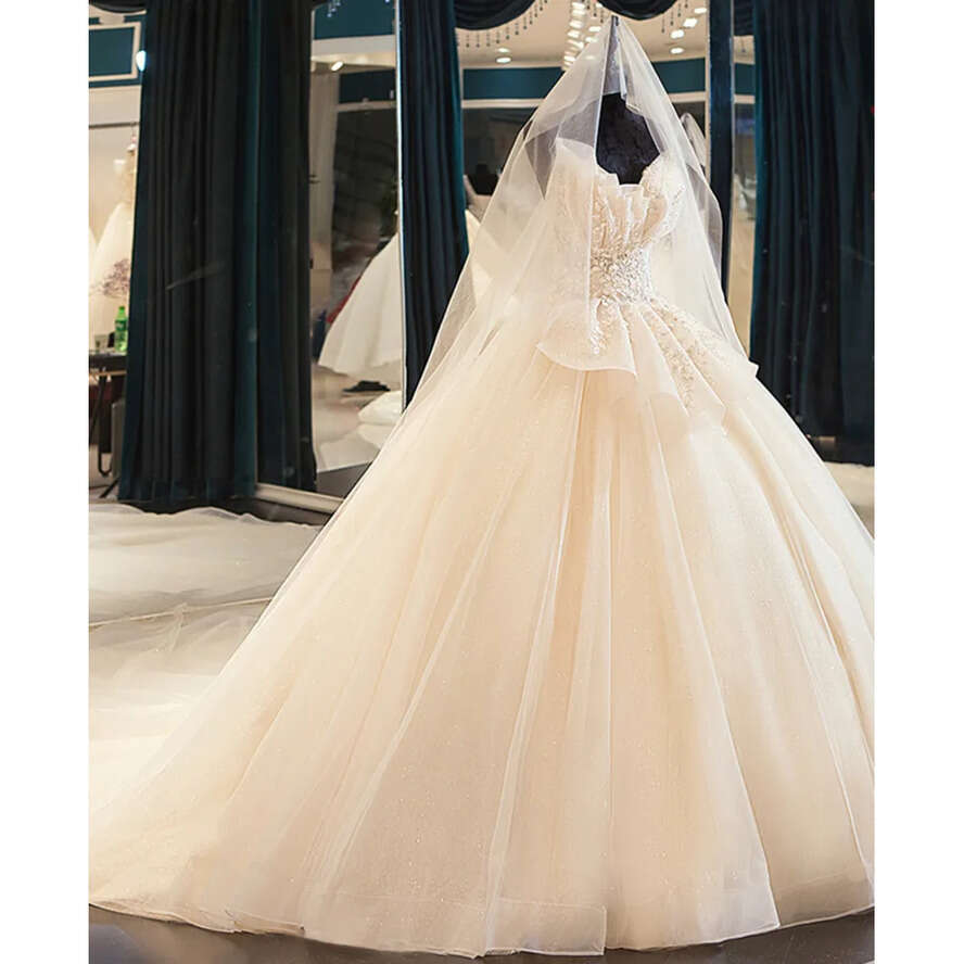 Light Champagne Strapless Organza/Tulle Designer Dresses Events Dress Wedding Gown Beach Dress Saudi Arabia Dubai India Muslim Russia