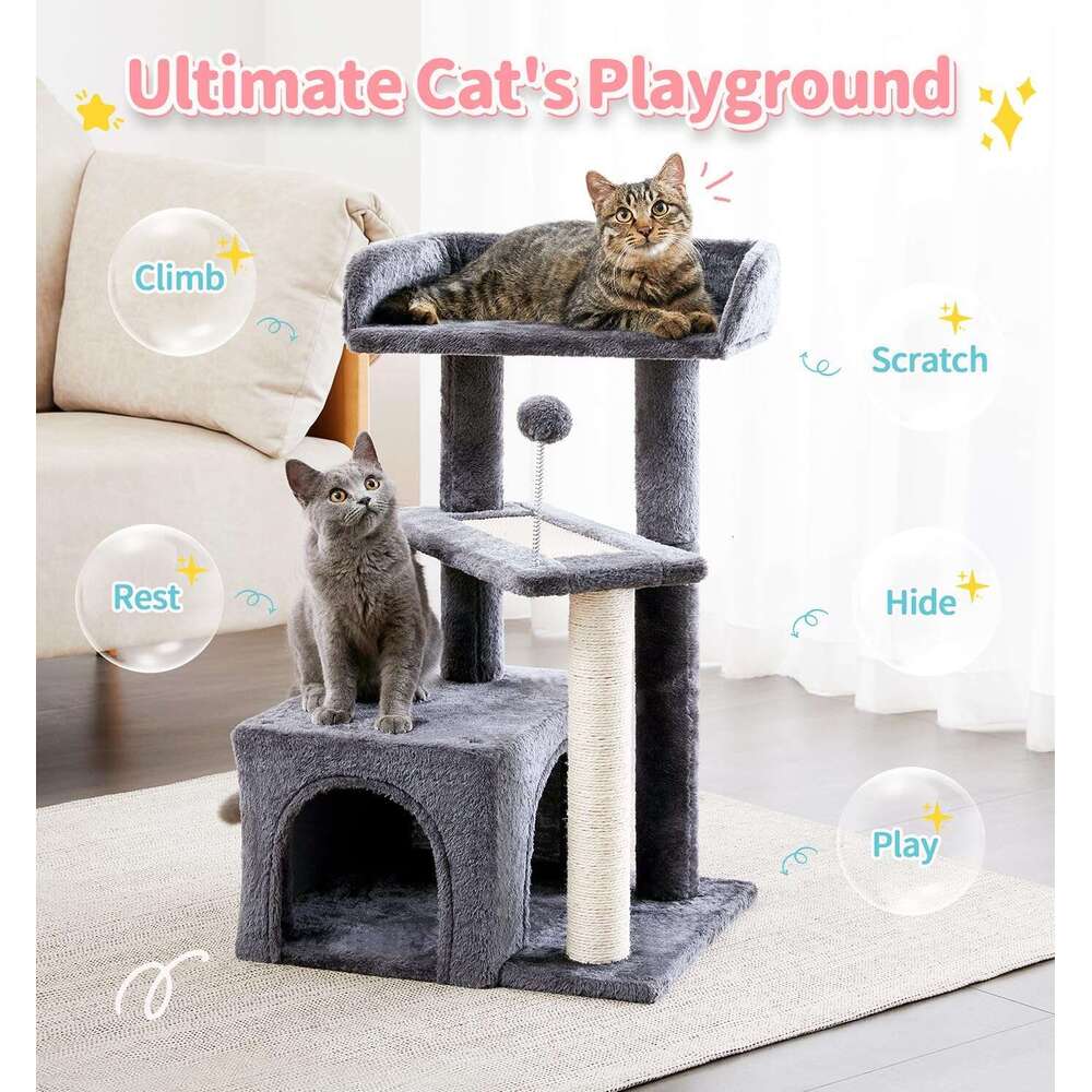 Made4Pets Cat Tree, Cat Tower Indoors Cute Wood Kitty Condo with Scratching Post Pad, 29" Multi-Level Modern Activity Climbing Furniture, Dark Gr
