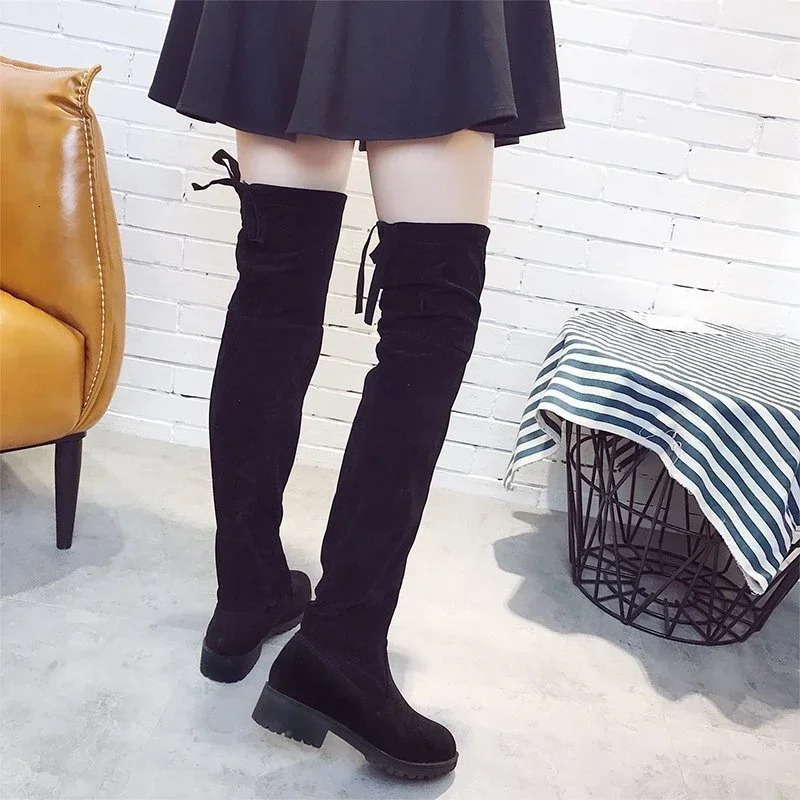 Autumn Faux Suede Women Heels Zipper Elastic Knee High Boots Women Tube Lace-up Thigh Gigh Boots Black Botas Mujer Female 241114
