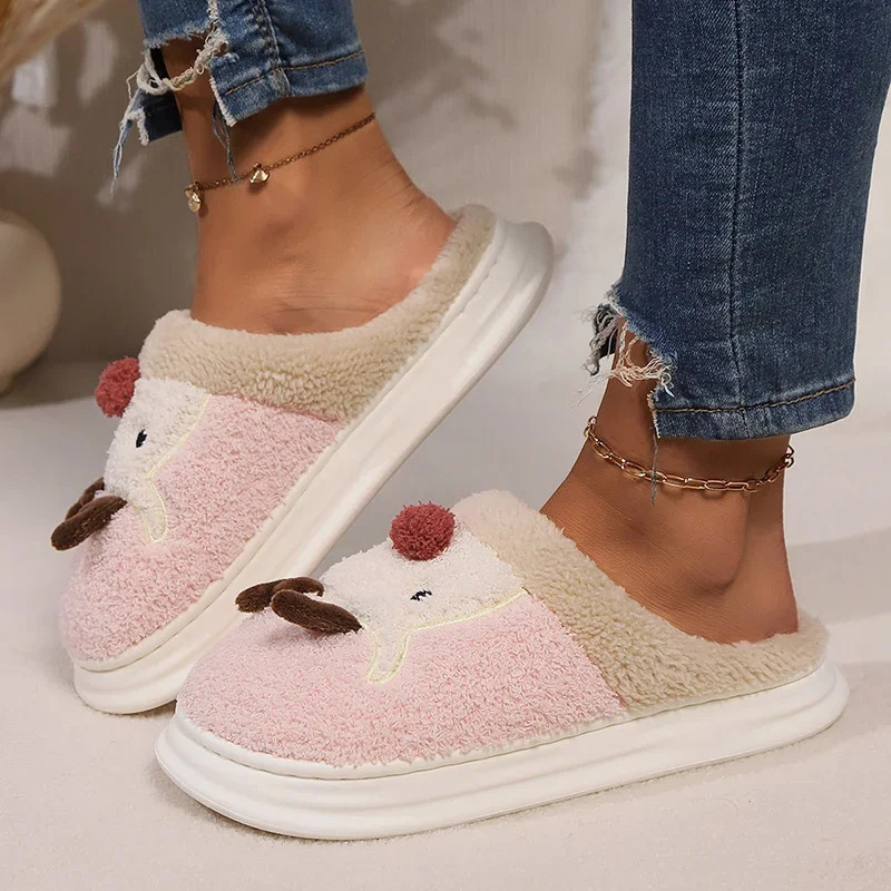 Christmas Elk Home Plush Slippers Women Winter Comfort Soft Sole Indoor Slides Woman 2025 Non-Slip Warm Cotton Shoes Slippers 241126