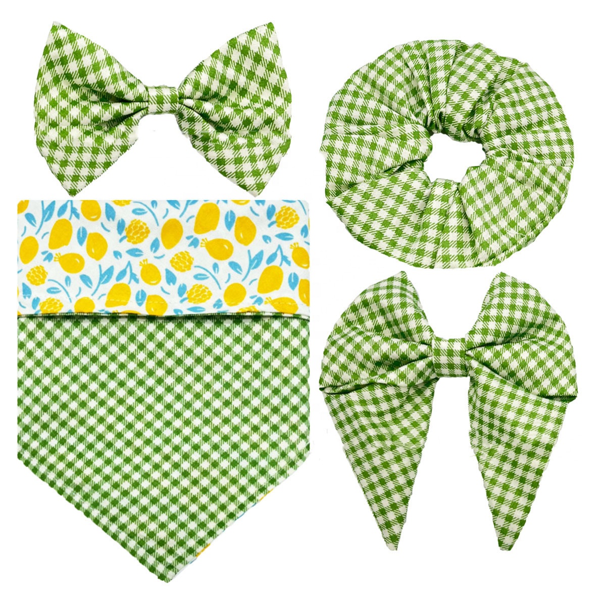 4pcs Tropical fruit style pet triangle scarf set dog KERCHIEF cat bow collar scrunchies double layer ties bandana set