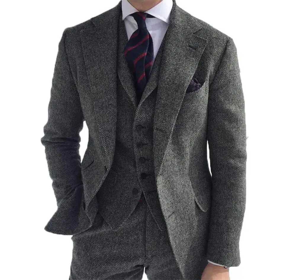 Grey wool coarse tweed mens winter suit herringbone slim fit formal grooms tailcoat 3-piece wedding mens suit (jacket+vest+pants) X2411261 - view 6