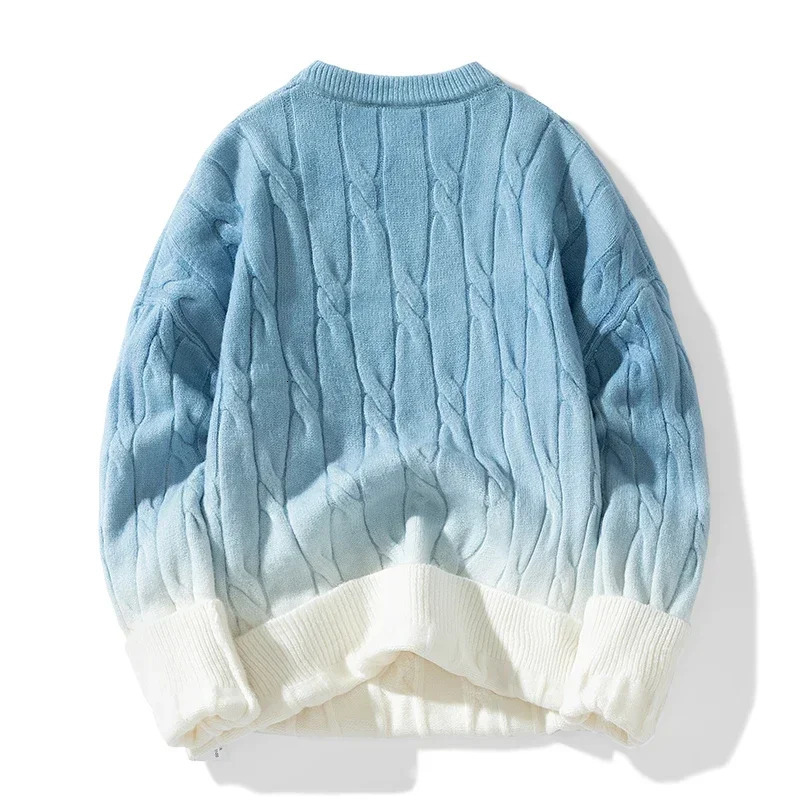 Korean gradient knitted loose block twisted knitted pull-out round neck sweater for autumn and winter warm couple top 241126
