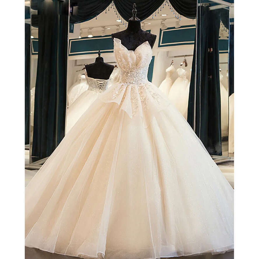 Light Champagne Strapless Organza/Tulle Designer Dresses Events Dress Wedding Gown Beach Dress Saudi Arabia Dubai India Muslim Russia