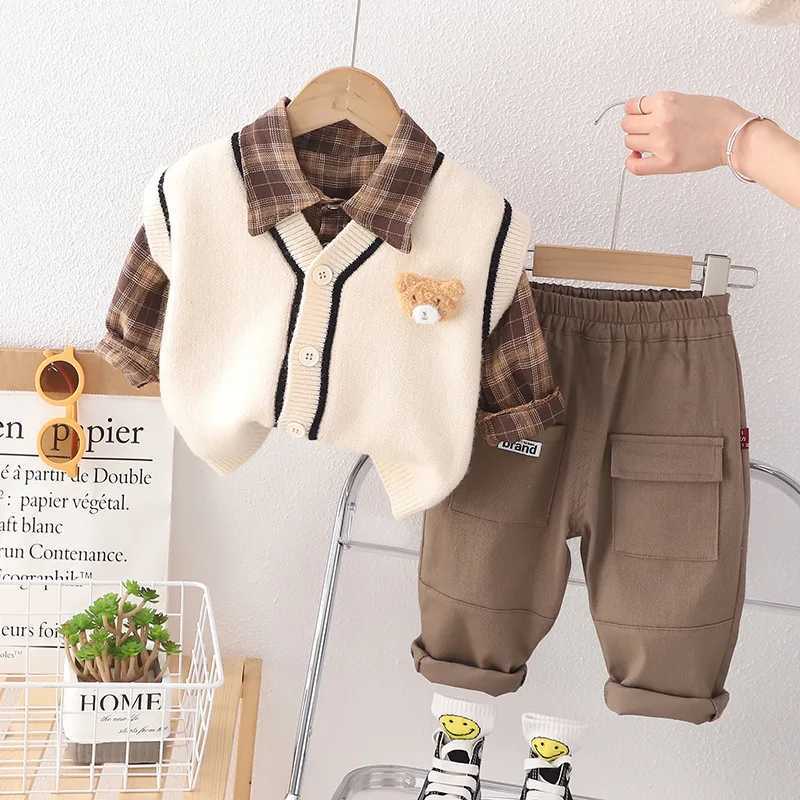 Clothing Sets Autumn Winter 3pcs Baby Knitted Sweater Vest Plaid Shirt Pants Set Childrens Cartoon Casual Suits Kids Comfortable Outfit 1-4Y H241126