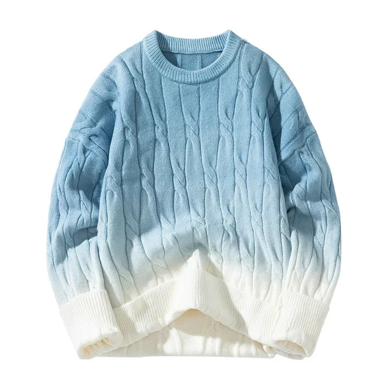 Korean gradient knitted loose block twisted knitted pull-out round neck sweater for autumn and winter warm couple top 241126