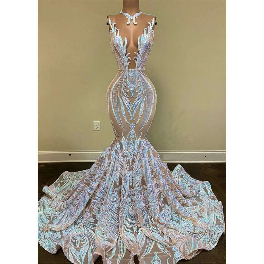 Sequin Sparkly Long Girls Black Prom Dresses Sexy Illusion O Neck Mermaid African Women Gala Evening Party Gowns Robes