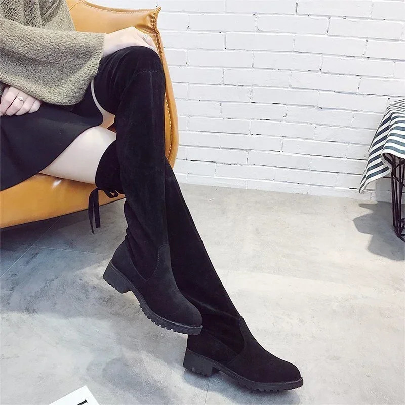 Autumn Faux Suede Women Heels Zipper Elastic Knee High Boots Women Tube Lace-up Thigh Gigh Boots Black Botas Mujer Female 241114