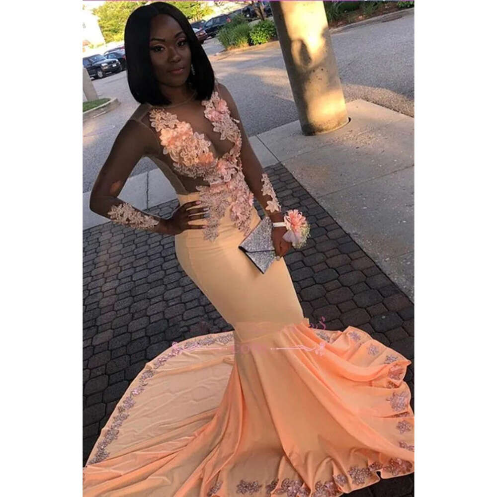 Mermaid Satin Peach Sleeves Long Prom Dresses Black Girls Sheer Tulle Lace Applique Sweep Train Party Evening Gowns Bc 6660306