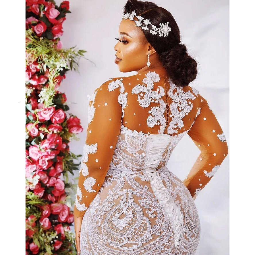 Aso Ebi Lace Mermaid Wedding Dresses Sheer Jewel Neck Illusion Long Sleeves Appliques Beads Bridal Gown Corset Back Plus Size Robe De Bc12625 0321