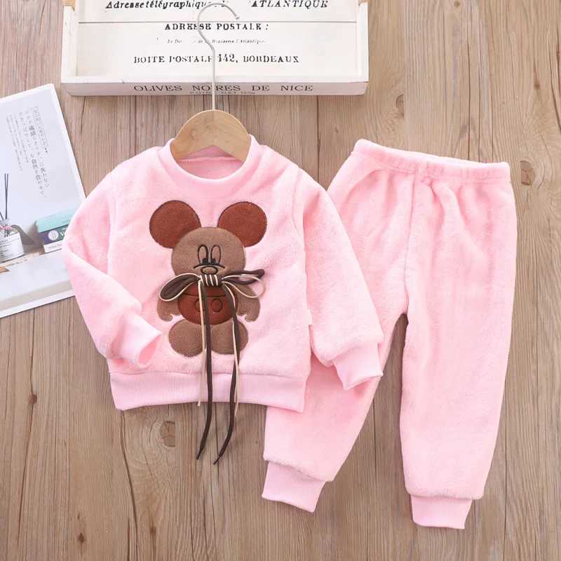 Clothing Sets New Cartoon Mouse Pajama Sets For Baby Boys Girls Winter Plus Velvet Thick Flannel Homewear Children Warm Sleepwear Suit 2Pcs H241126