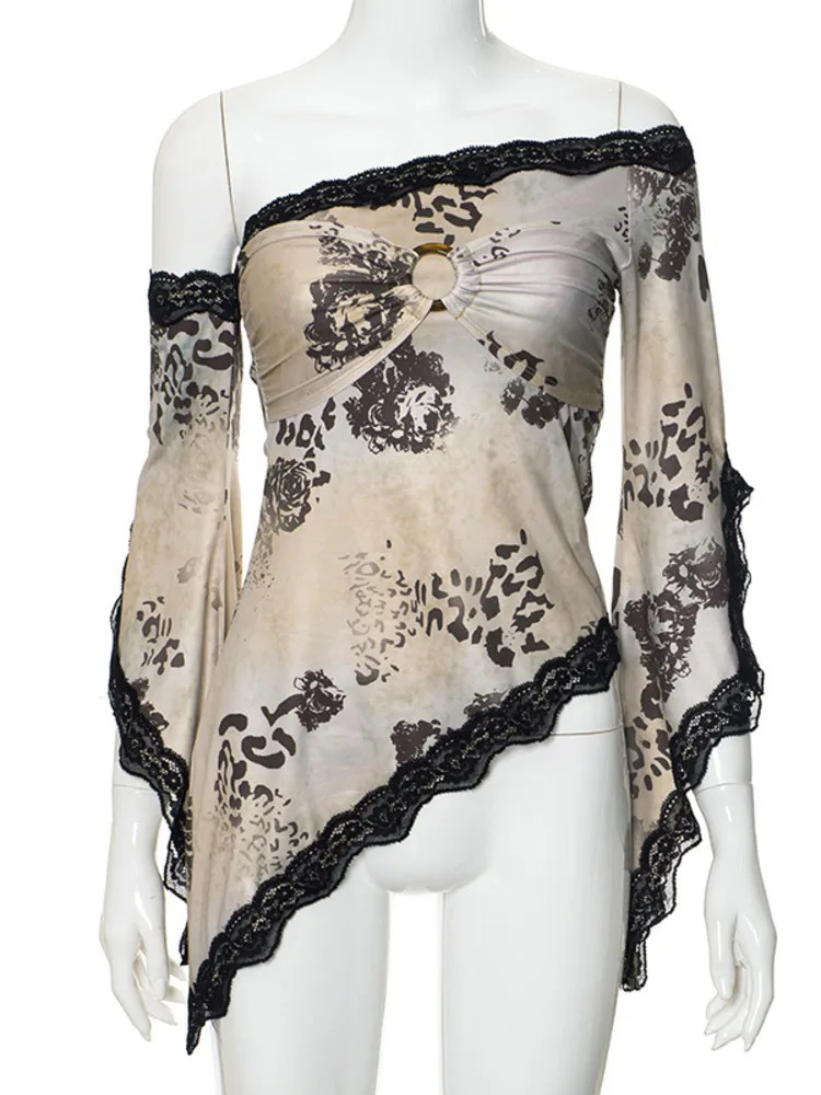 JULISSA MO Elegant Lace Patchwork Print Irregular Skew Collar Long Sleeve T-shirt Tops For Woemn Sexy Fashion Club Cropped Tops 240425
