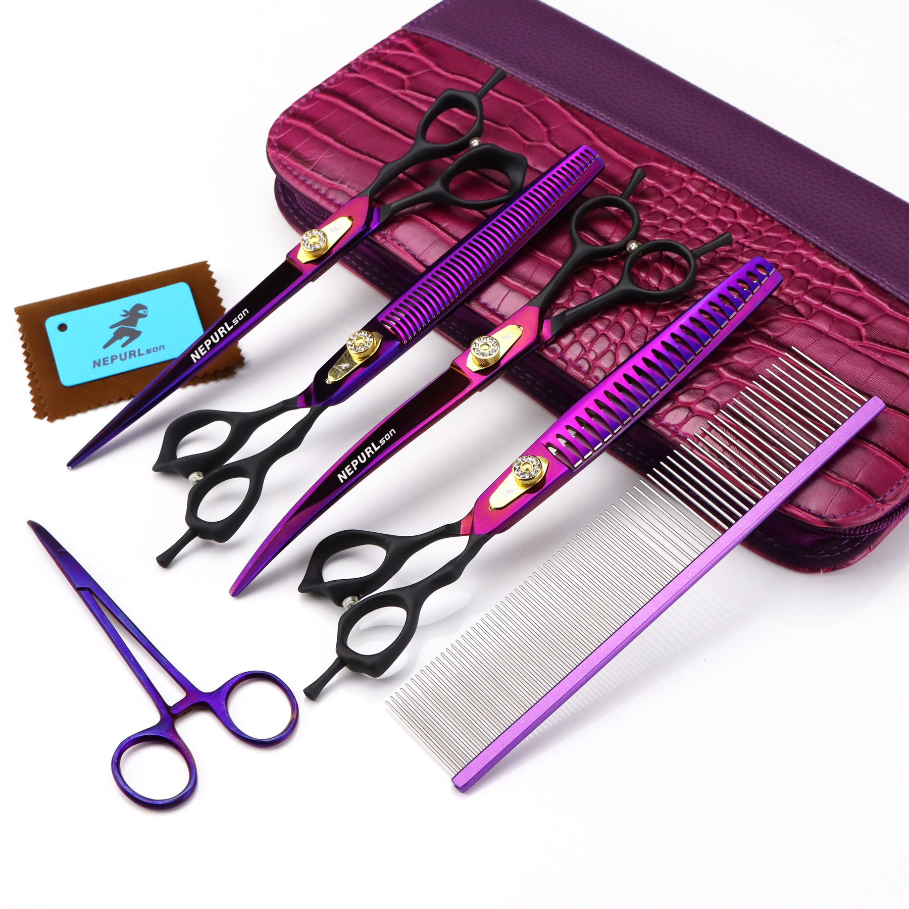 8.0 Inch NEPURLson Scissors WGB 01 Grooming Pet Fishbone Teeth 4 Scissors Set Handle Veterinary Animal color Black Straight