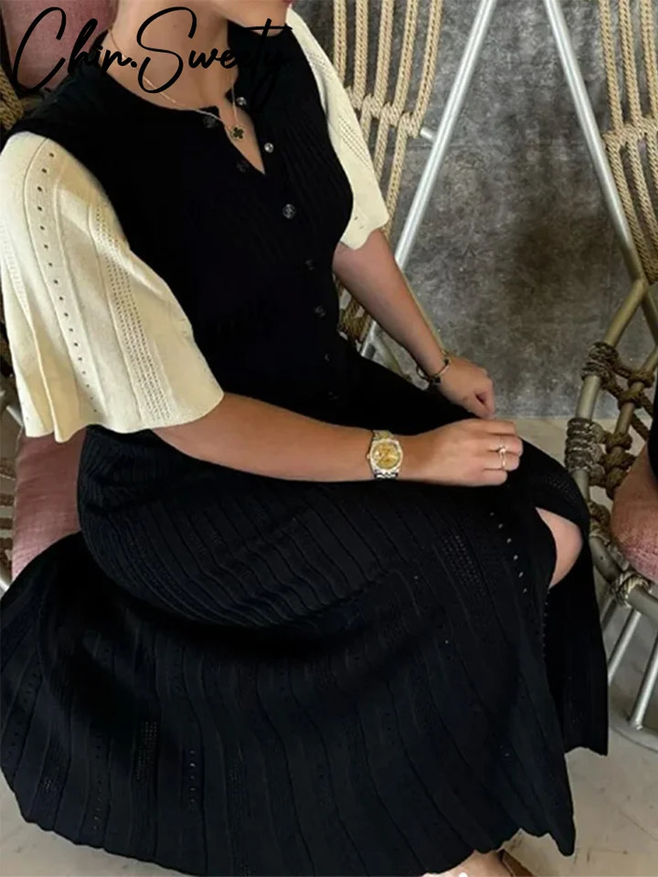 Elegant Knitted Ribbed Long Dress Women Slim Wave Oneck Short Sleeve Hip Package Dresses Female Summer Lady Robe 241112