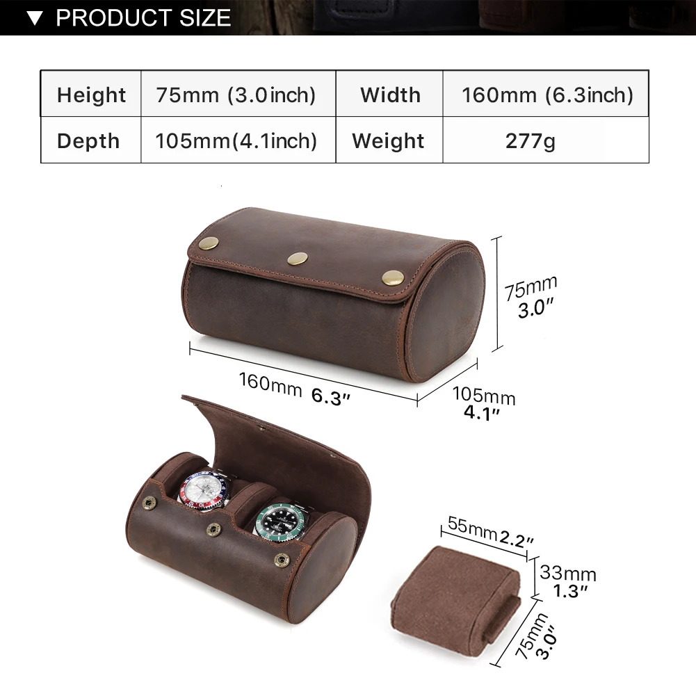 Vintage Leather 2 Slots Watch Roll Travel Case Chic Portable Display Watches Men Storage Box with Slid in Out Organizers 240415
