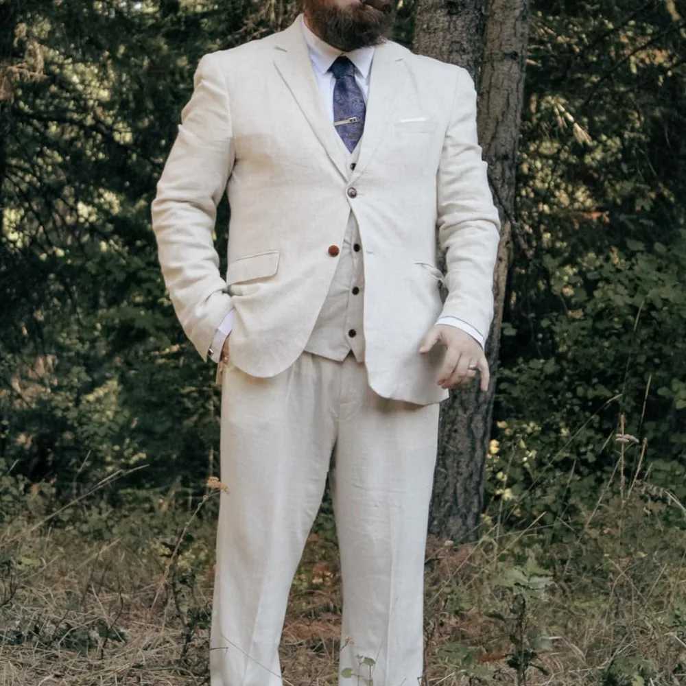3 Piece Mens Retro Linen Men Suit Beach Wedding Suit Summer Slim Fit Linen Suit Groomsmen For Wedding (Blazer+Vest+Pants) X250704
