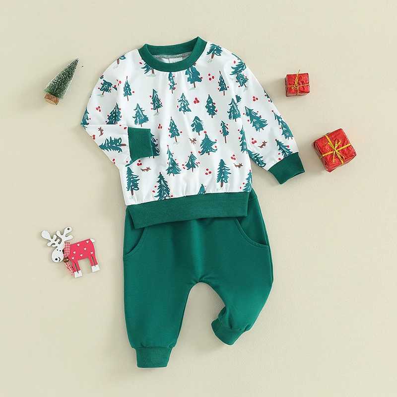 Clothing Sets Kids Christmas Pajamas Set Toddler Boys Girls Xmas Tree Print Long Sleeve Tops and Solid Color Pants 2Pcs Outfits for Winter H241126