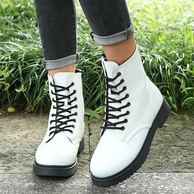 Womens Martens Boots PU Leather White Ankle Boots Autumn Winter Motorcycle Boots Fashion Female Chunky Heel Platform Boots 241114
