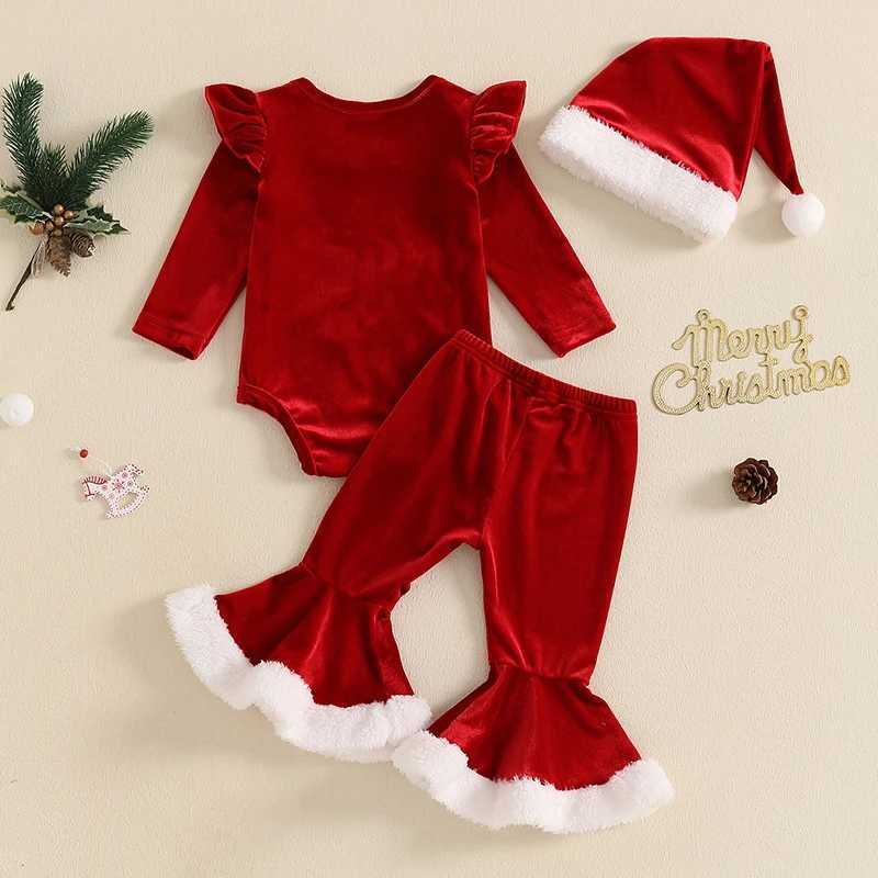 Clothing Sets Toddler Girls Holiday Ensemble Festive Santa Claus Embroidered Romper with Matching Flare Pants and Hat Set for Christmas H241126