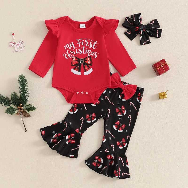 Clothing Sets Baby Girls Christmas Outfits Autumn Clothes Bow Print Long Sleeves Romper and Elastic Flared Pants Headband 3 Pieces Set H241126