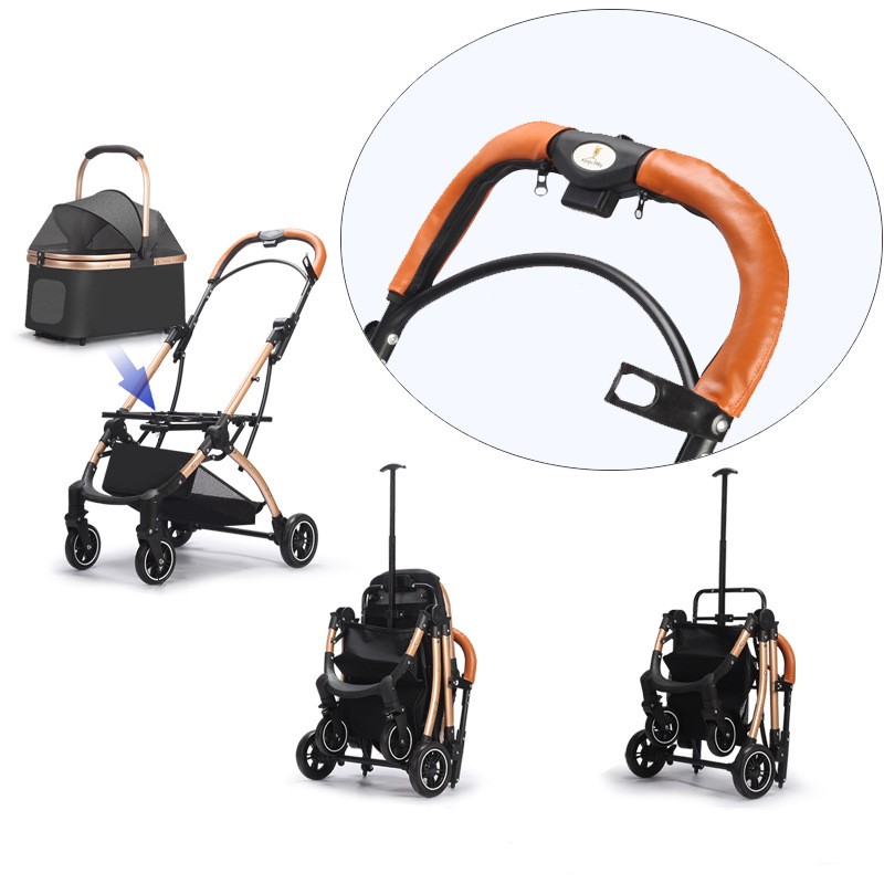 Customized Luxury 4 Wheels Pet Aluminium Stroller Dog Detach Stroller With Storage Basket Foldable Lightweight Carrier Trolley