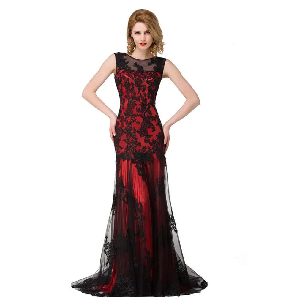 In Stock New Sexy Sheer Tulle Sleeveless Mermaid Evening Dresses Black Lace Applique Formal Party Women Floor Length Prom Gowns Cps