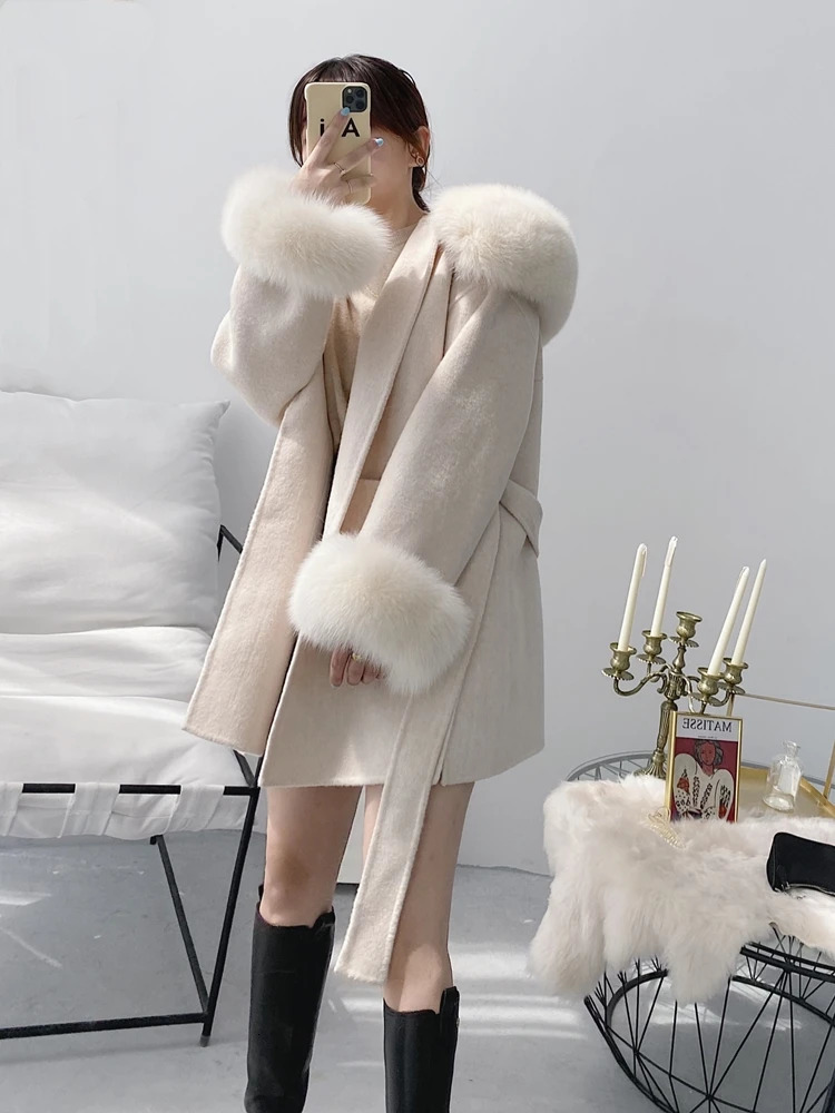 2023 Real Fur Coat Oversize Ladies Outerwear Winter Jacket Women Natural Collar Cuffs Hood Cashmere Wool Woolen 241120