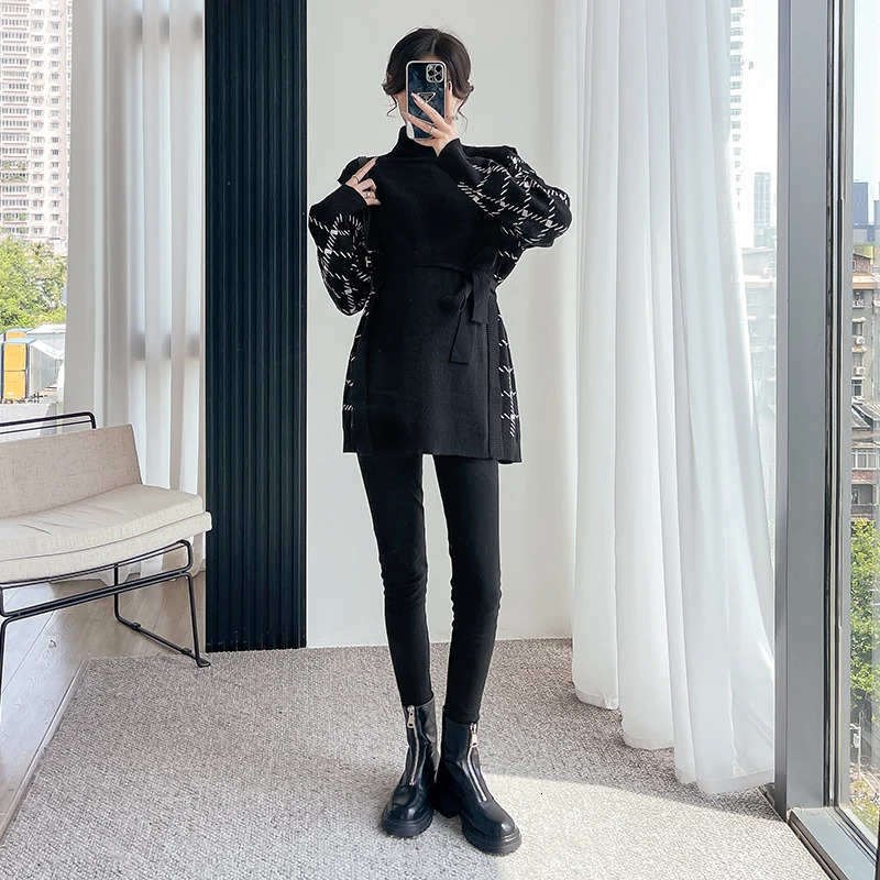 Splicing maternity sweaters oversized loose ties waist shirts winter maternity clothing 241126