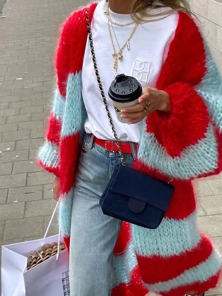 Women Casual Loose Stripe Knitted Sweater Outwear y Solid Ladies Oversize Cardigan ner Autumn Winter Basic Knitwear 241112