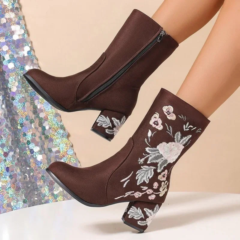 Fashionable Winter Womens Boots Embroidered Mid calf Plush Motorcycle Zipper Square High Heels Warm Leather Womens Botas Unprinted Good Product 241126