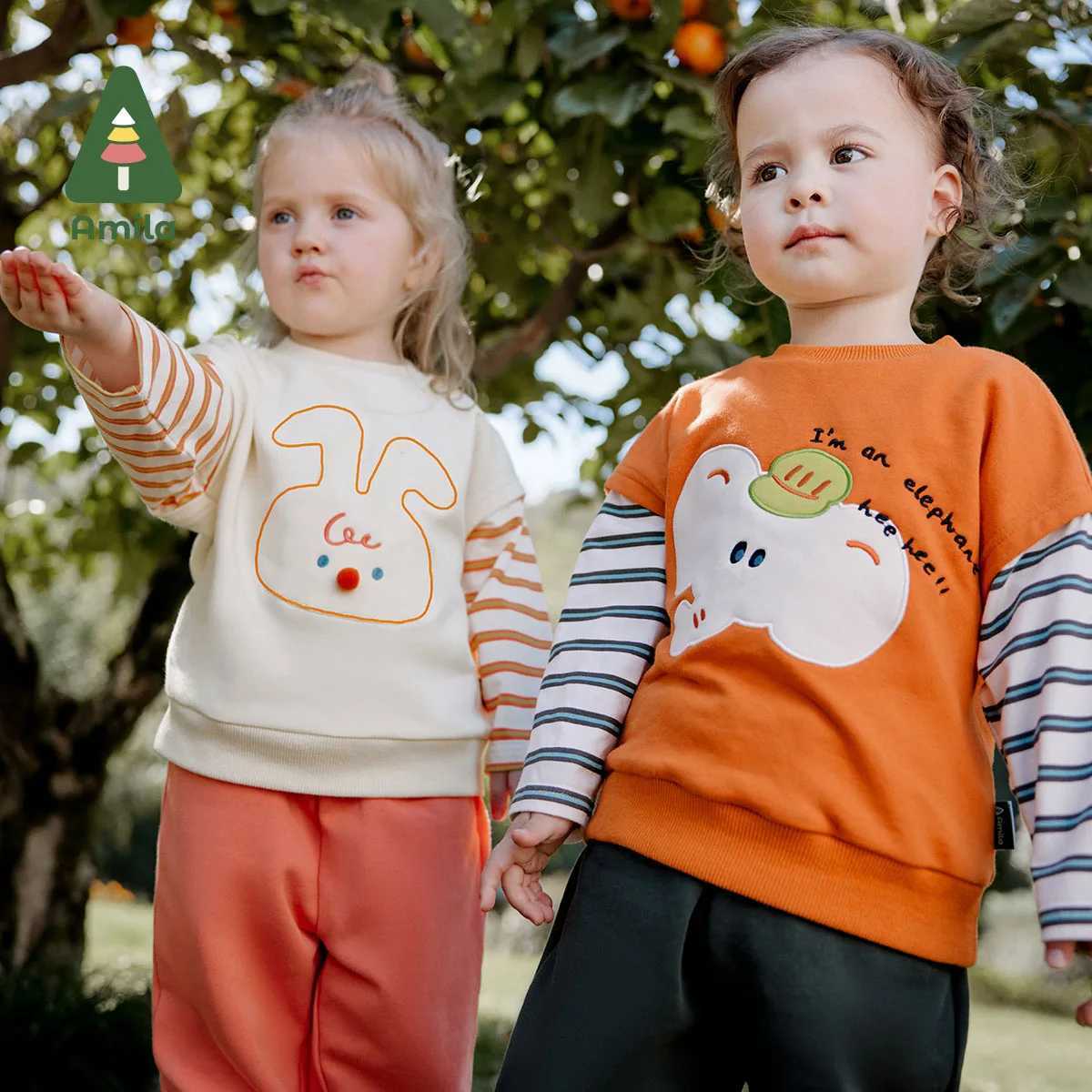 Clothing Sets Amila 2024 Spring New Boy Girl Set Stitched Sleeve Cartoon Animal Pattern 100% Cotton Casual Simple Kids Set H241126