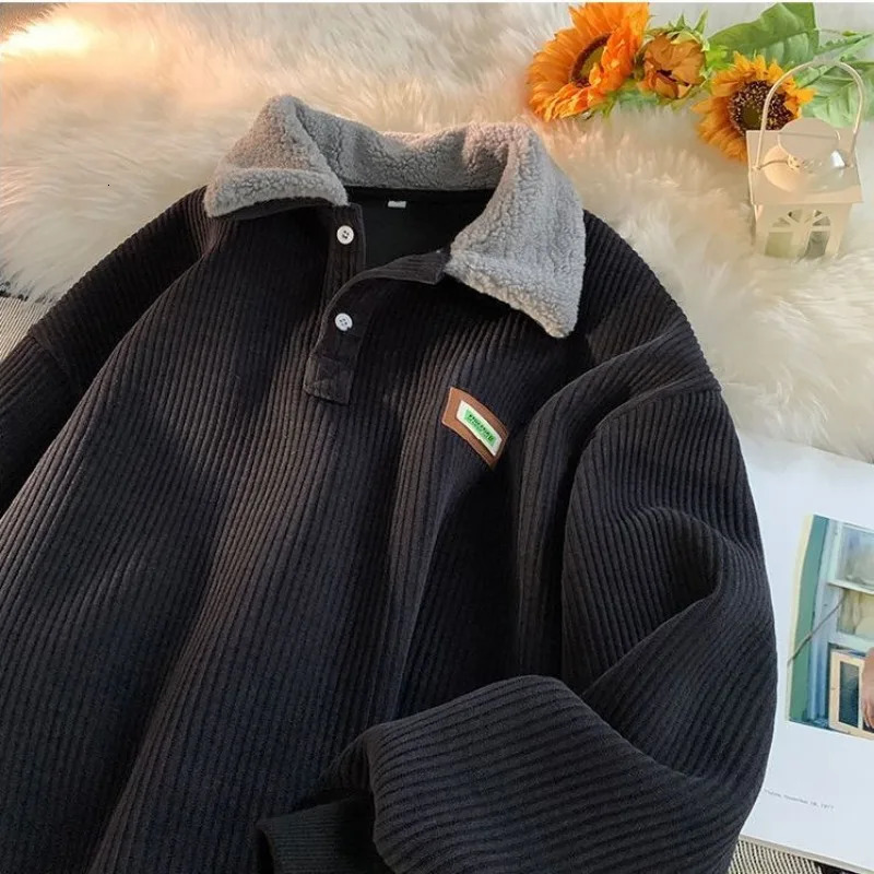 Mens Corduroy polo shirt sweater womens autumn wool thick coat lapel button long sleeved warm top 241121 - view 4