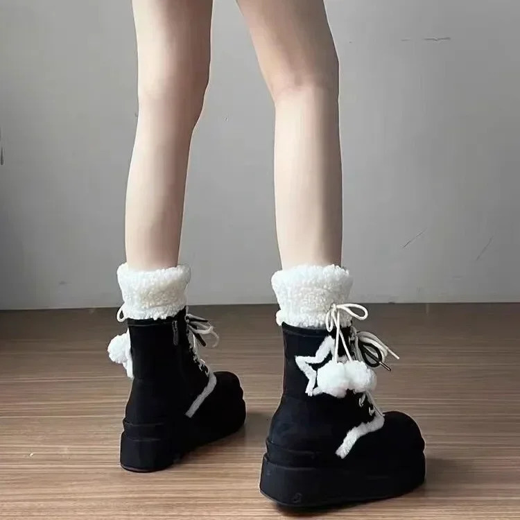 Shoes for Women High Quality Lace Up Womens Boots Winter Round Toe Plush Fleece for Warmth Middle Barrel Fashion Boots 241114