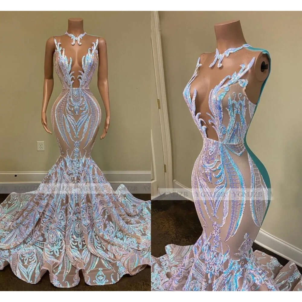 Sequin Sparkly Long Girls Black Prom Dresses Sexy Illusion O Neck Mermaid African Women Gala Evening Party Gowns Robes