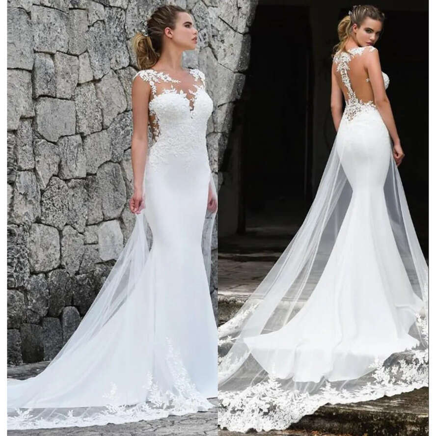Elegant Sheer Cap Sleeve Lace Mermaid Beach Boho Dresses Tulle Applique Sweep Train Summer Wedding Bridal Gowns Robes De Mariee
