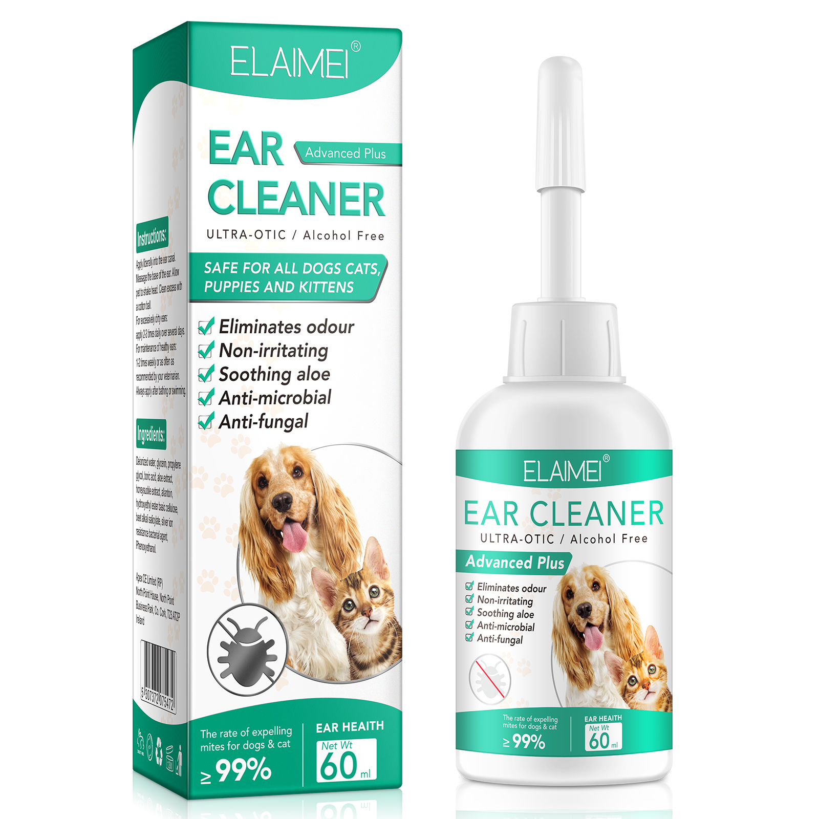 ELAIMEI Natural Safe Wash Treatment Alcohol Free Non-irritating Pet Ear Cleaner for All Cat Dog