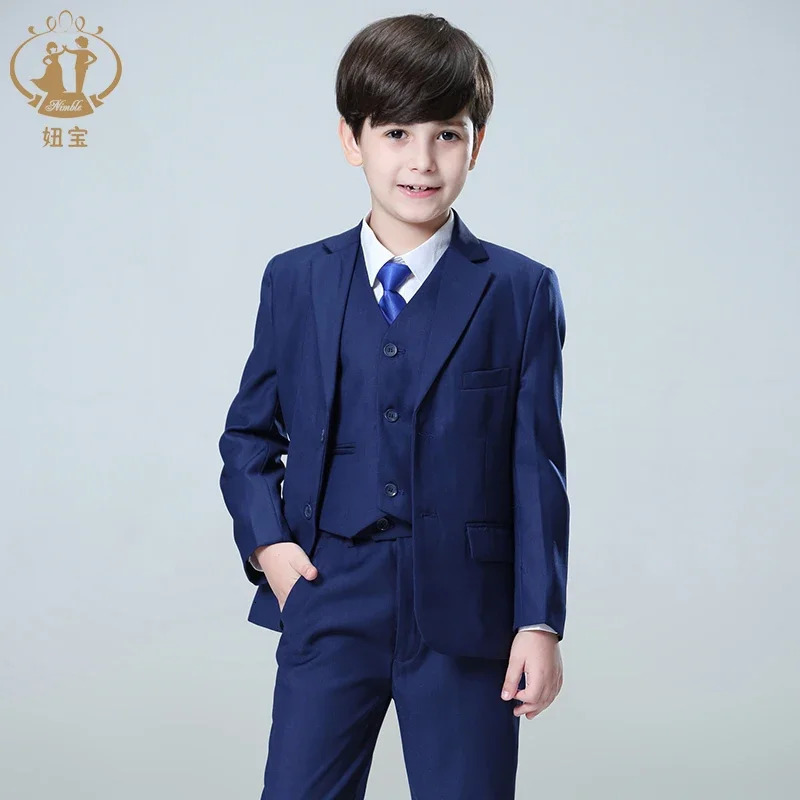 Spring Autumn Formal Boy Suit Set Children Party Host Wedding Costume Wholesale Clothing Coat Pants Vest 3Pcs Blue Blazer 241126
