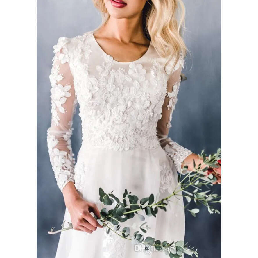 New Elegant A-E Modest Wedding Dresses With Long Sleeves Scoop Neck 3D Ral Lace Appliques Beaded Chapel Train Bridal Gowns