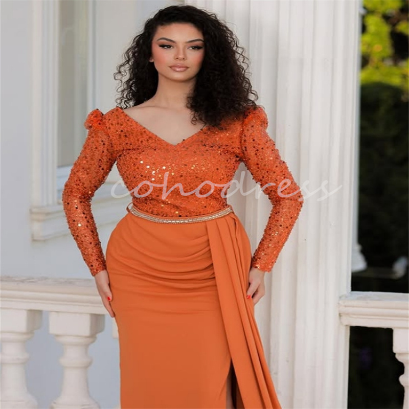 Sparkly Orange Sequin Prom Dress With Train V Neck Long Sleeve Arabic Dubai Evening Dress Charming Mermaid Formal Elegant Plus Size Vestio De Fiesta B