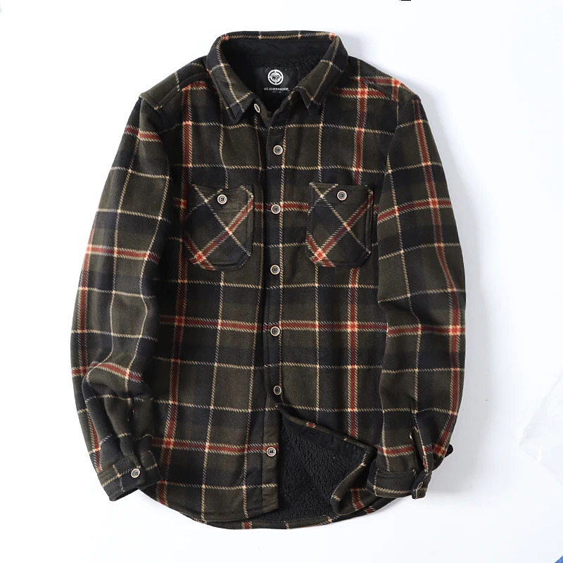 Mens long sleeved Sherpa lined shirt jacket wool plain flannel shirt casual autumn thick warm shirt US size 241126