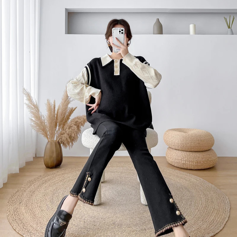 Winter Pregnant Womens Sweater Blocks Color Patching Work Collar Pregnant Womens Knitting Thread Fashion Pregnant Womens Knitting 241126