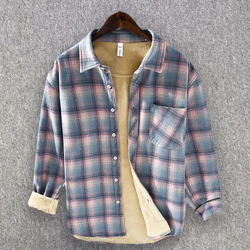 Mens button up long sleeved brushed plain casual shirt for autumn and winter single pocket thick wool Sherpa lining flannel shirt 241126