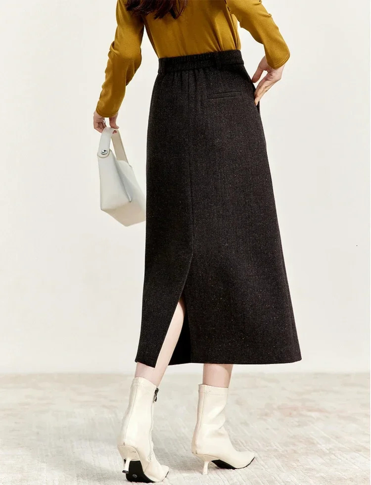 SENTUBILA Straight Wool Skirt Women Winter Retro Elegant Coarse Hemp High Waist Seam Bottom Temperature Long Skirts 144Q56942 241125