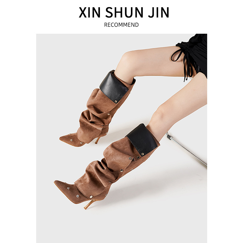 2024 willow stud buckle splicing two wear fine high heel tall boots female personalized spicy girl fashion boots EU35-40