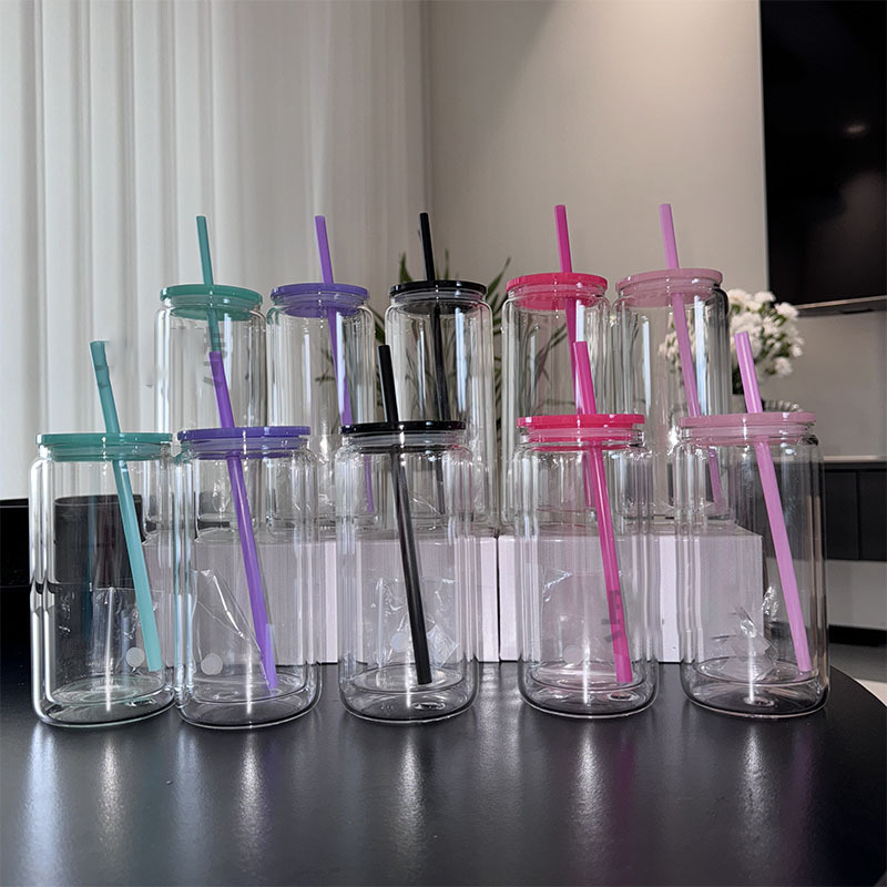 16oz 20oz Double Wall Sublimation Glass Can Snow Globe glass Tumbler Beer Glass Clear Drinking Glasses With Bamboo Colored Lid