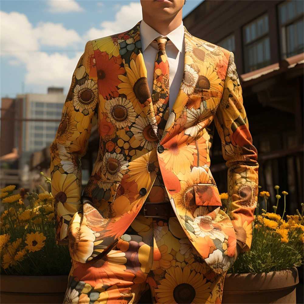 Checkered mens 2-piece set floral print wedding party best mens tailcoat jacket set button plus size X241126