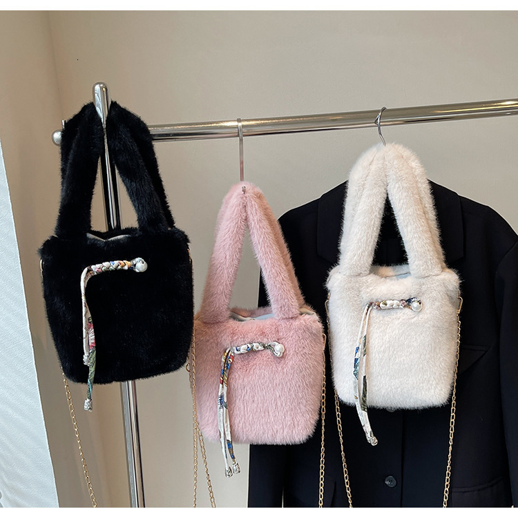 Autumn And Winter Small For Bags Handbags Women Versatile Chain Crossbody Bag, Hand-held Plush Bucket Bag Designer